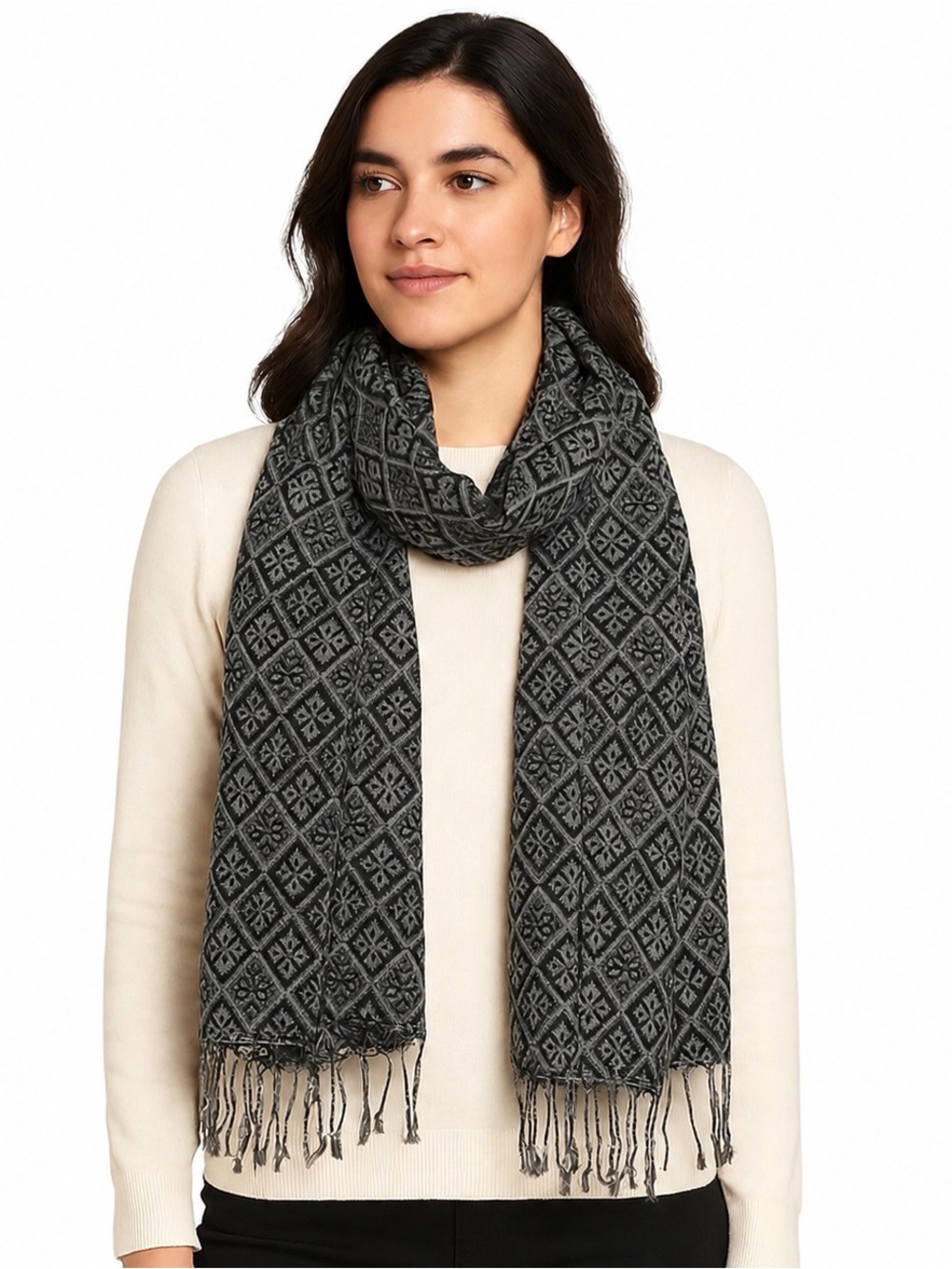 Two’s Company Black Gray Geometric Fringe Scarf One Size